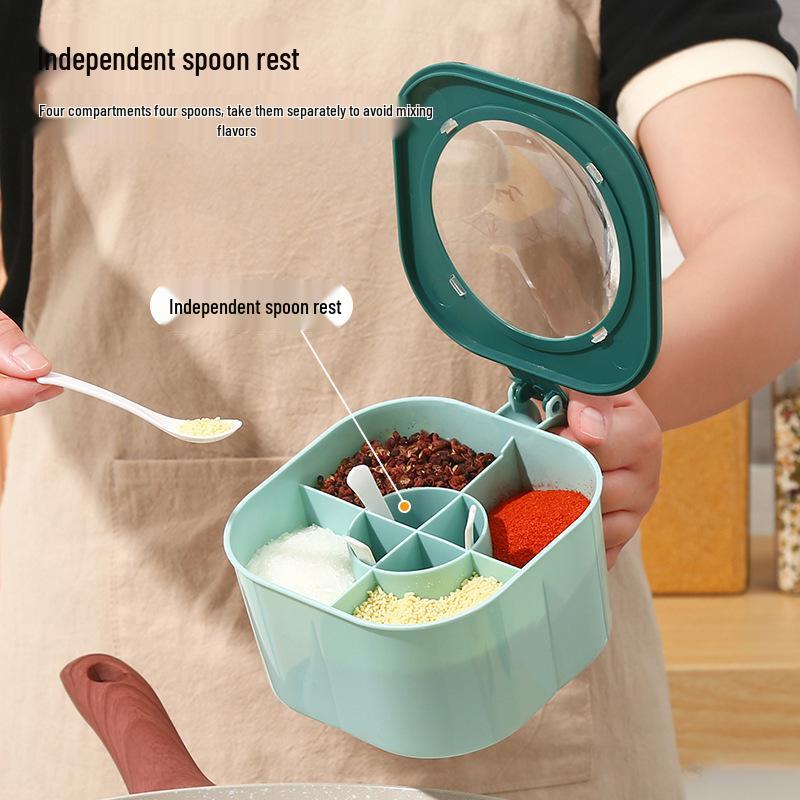 Кухонная емкость для приправ с 4 отделениями и крышкой - Многофункциональное хранение для сахара, соли и глутамата натрия