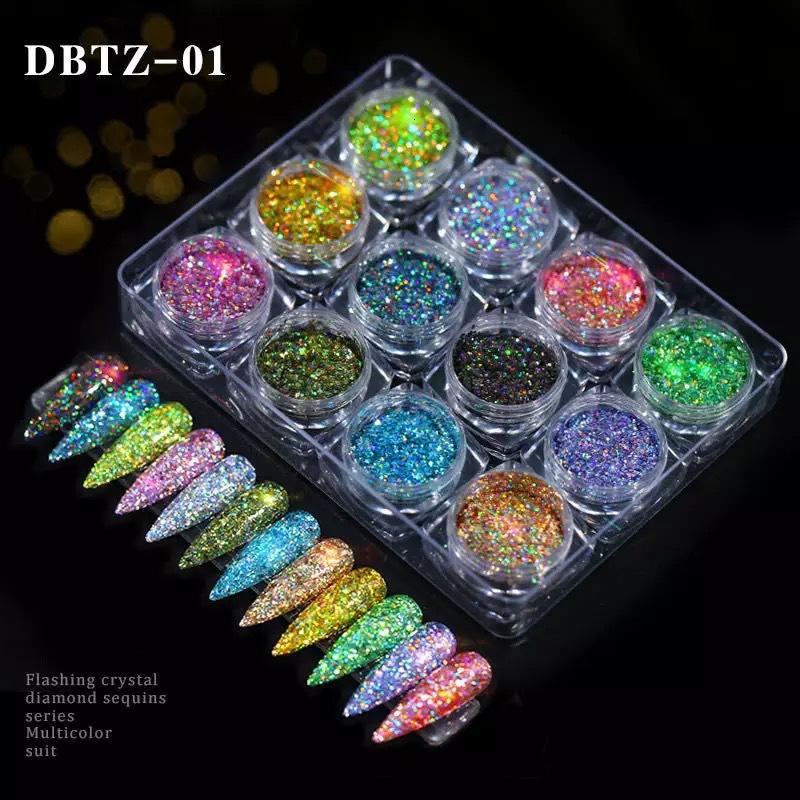 12Jars/set Christmas Holographic Glitter Sequins Colourful Chunky Glitter Nail Art Sequins Mixed-Size Xmas Girl Manicure Glitter