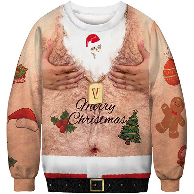 Women Men Funny Chest Hair Print Ugly Christmas Sweaters Jumpers Couple Autumn New Year Eve Holiday Party Xmas Sweatshirt Ropa