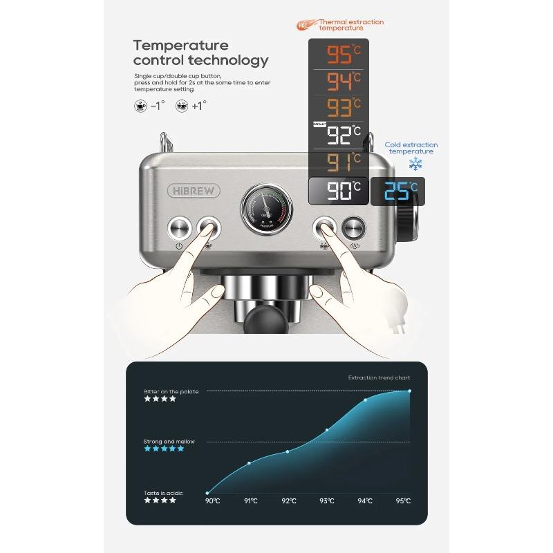 HiBREW H10A Semi-Auto Espresso Machine - 20Bar Pump (Rich Crema), 58mm Portafilter, Temp Adjustable, Stainless Steel, Cold/Hot for Home/Office