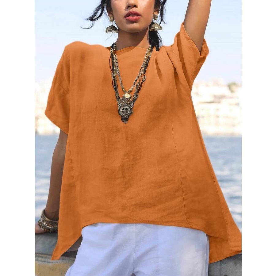 Spring Summer Solid Color Cotton Linen Shirt Casual Irregular Hem Short Sleeve Blouse Loose Round Neck Top for Women