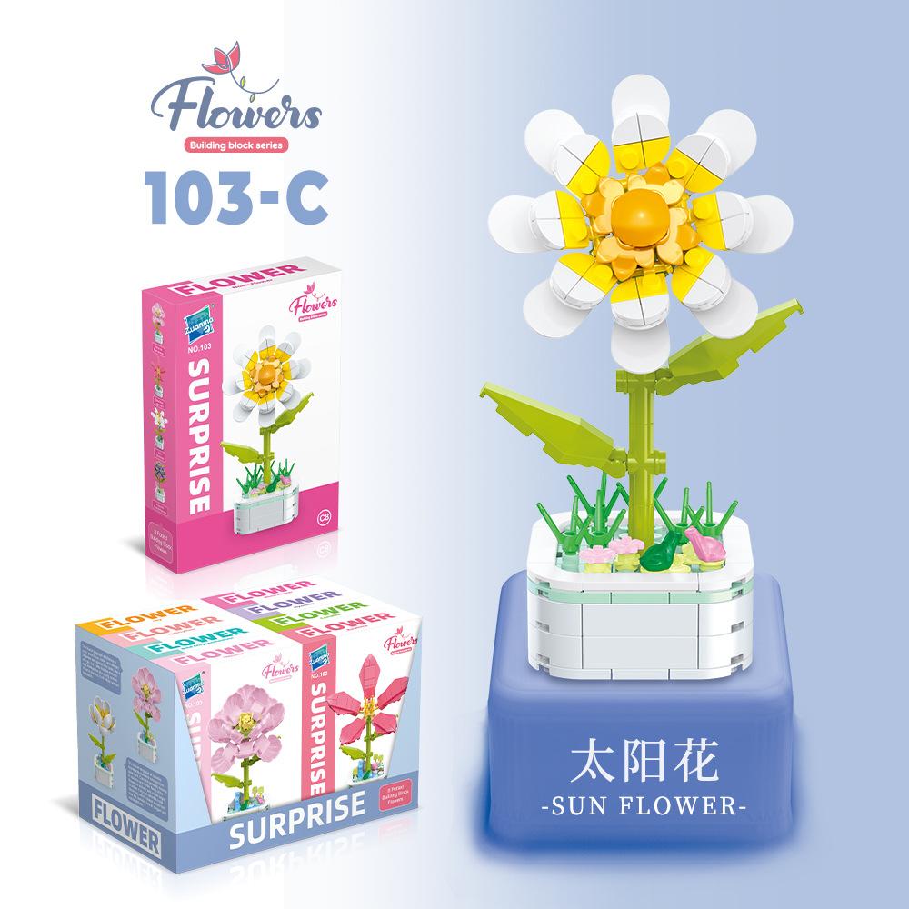 Kids Building Blocks Flower Pot Series Simulation Pink Rose Peony Bonsai Plant Educational Toy Bricks
