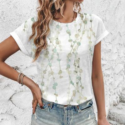 Элегантная женская футболка с коротким рукавом, художественный цветочный принт, летняя женская одежда, футболка с коротким рукавом, удобный топ с круглым вырезом