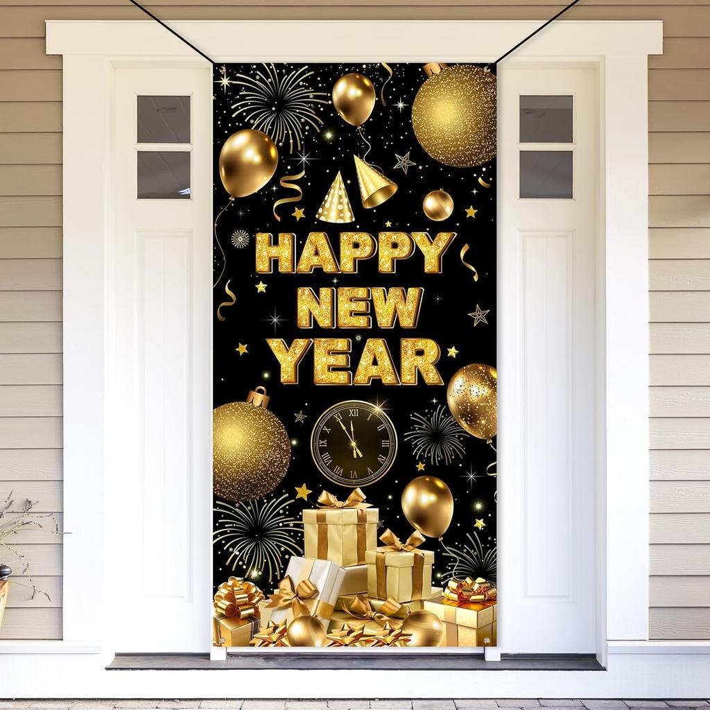 Happy New Year Decorations Hanging Door Cover Banner, 35x73" Welcome 2026 Year Party Door Porch Sign Banner Covers for Home Yard Lawn New Year's