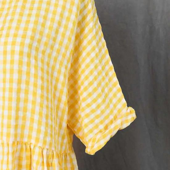 Summer Women Dress O Neck Check Print A-line Big Hem Short Sleeves Pleated Loose Pullover Commute Dating Maxi Dress Daily Long Dress