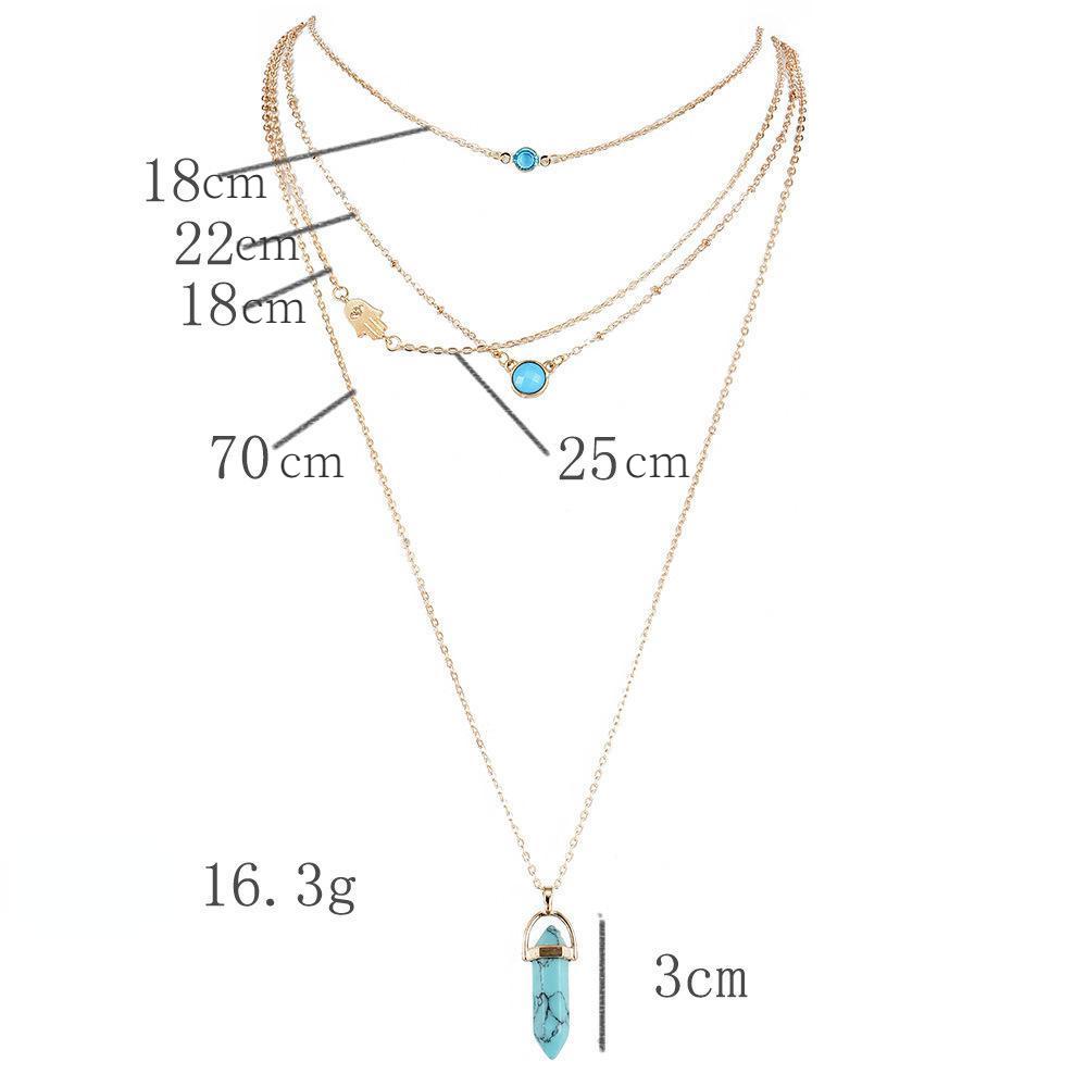 Многослойное женское ожерелье с комбинированным кулоном из натуральных бирюзовых кристаллов