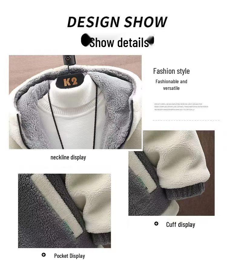 Мужская зимняя куртка с капюшоном из натуральной овчины - Толстая, теплая, модная, универсальная, с вышитой молнией