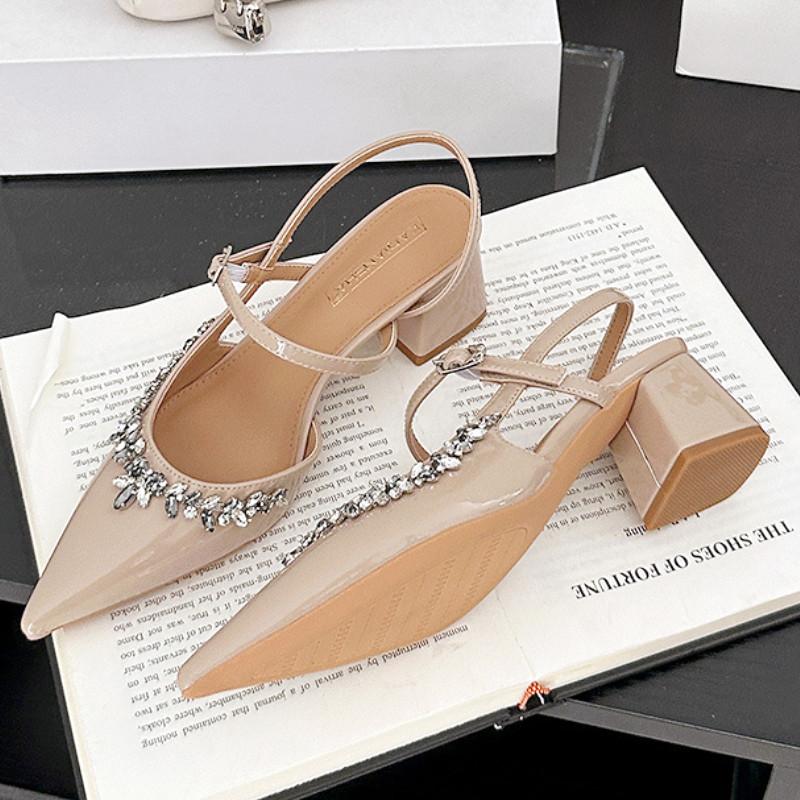 Высококачественные сандалии на высоком каблуке с острым носком и стразами для женщин, ремешок с пряжкой сзади, каблук-копытце, дизайнерская обувь, модная классическая обувь для платья