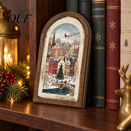Decorative Wall Mounted Art Vintage Arched Wooden Photo Frame with Christmas Illustration, Retro Distressed for Home Decorations Desktop And