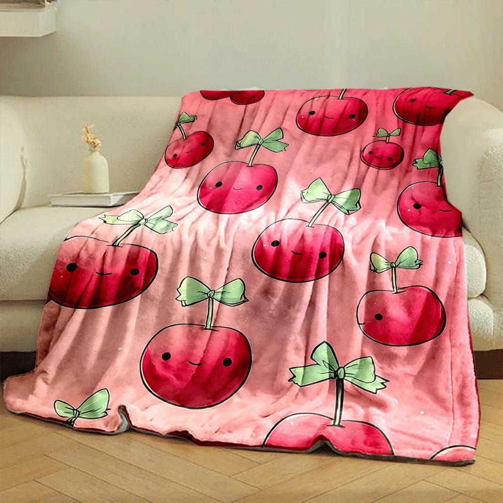 Cute cherries with happy faces and green bows on a pink background. for all seasons blanket lunch break throw gift