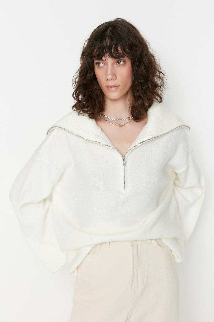 Women's Fashionable Stylish Sweater Stone Wide Fit Soft Textured Zippered Knitwear Sweater