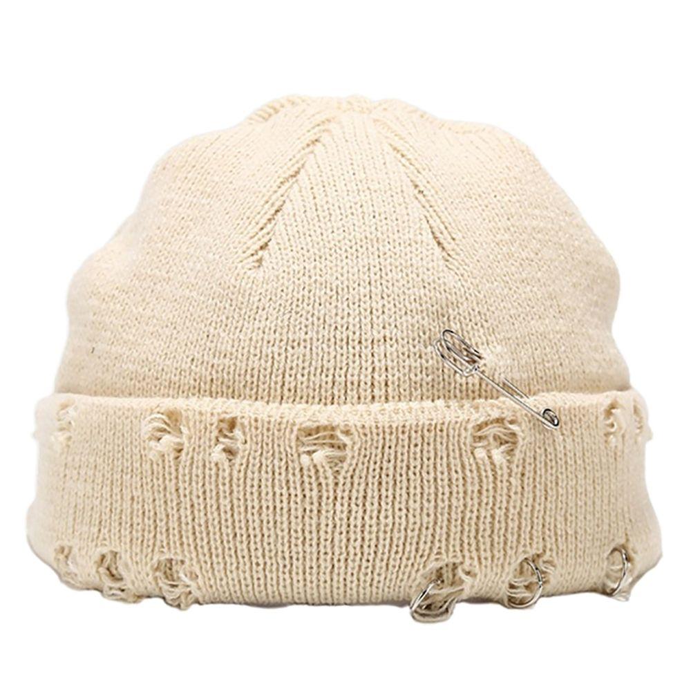 Casual Distressed Hole Female O-Ring Winter With Pins Knitted Hat Beanie Hat Warm Cap Solid Color