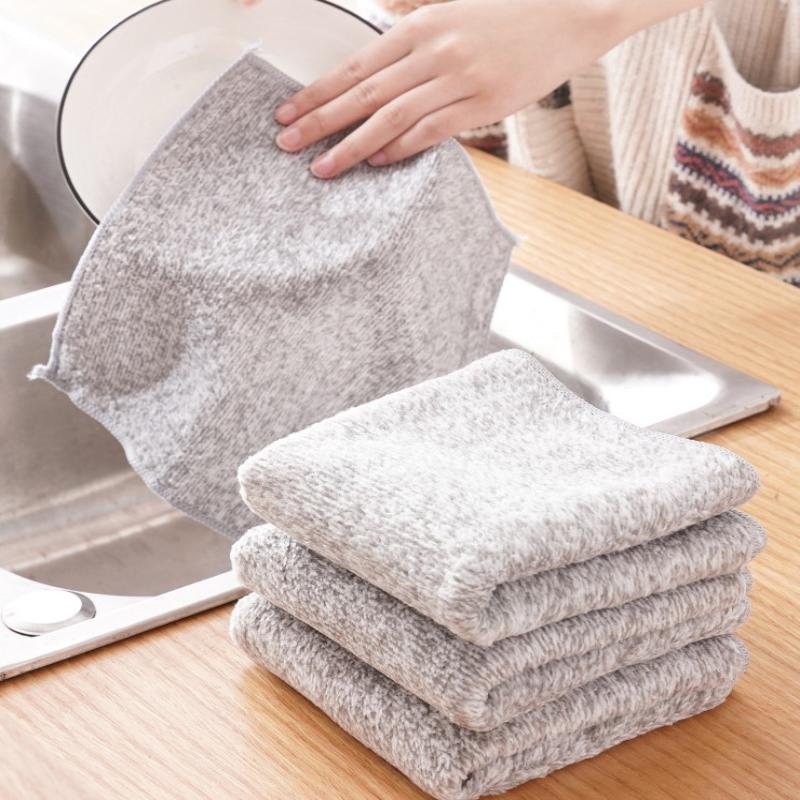 10pcs Gray Bamboo Charcoal Thickened Super Absorbent Dishcloth Oil Resistant Kitchen Wipes Microfiber Cleaning Cloths