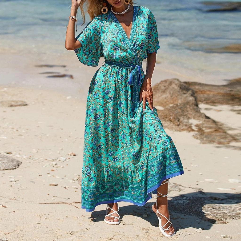 Women's V-neck Lace-up Printed Bohemian Dress Floral Short Sleeve Long Dress