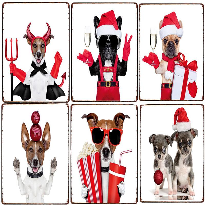 Mfoever Christmas Dog Decor Metal Tinplate Poster New Year Festival Decor xcm Cute Dog Poster