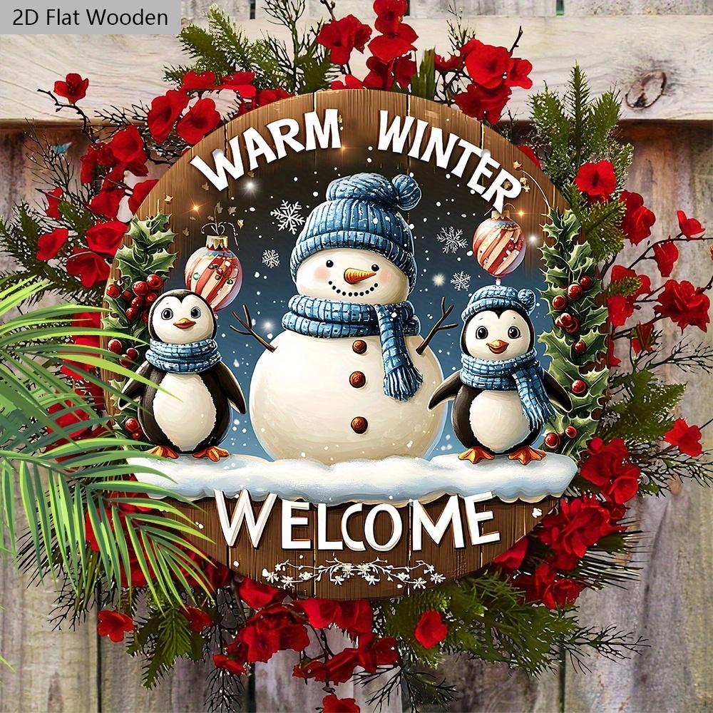 Милая деревянная рождественская табличка «Зимняя сказка» с узором снеговика и пингвина - Табличка «Навидад» для декора на входную дверь, для подвешивания на стену - Идеальный рождественский подарок