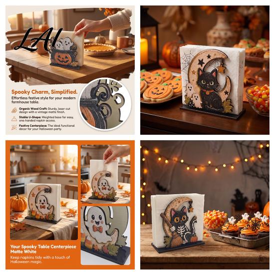 Halloween Themed Table Decor Wood Napkin Holder Vintage Rustic Dispenser Organizer Spooky Ghost Farmhouse Storage Black Cat Boo Tissue Stand