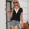 Ladies Summer Split Short Sleeve V Neck Color Block Casual Pullover Blouse Shirt Top
