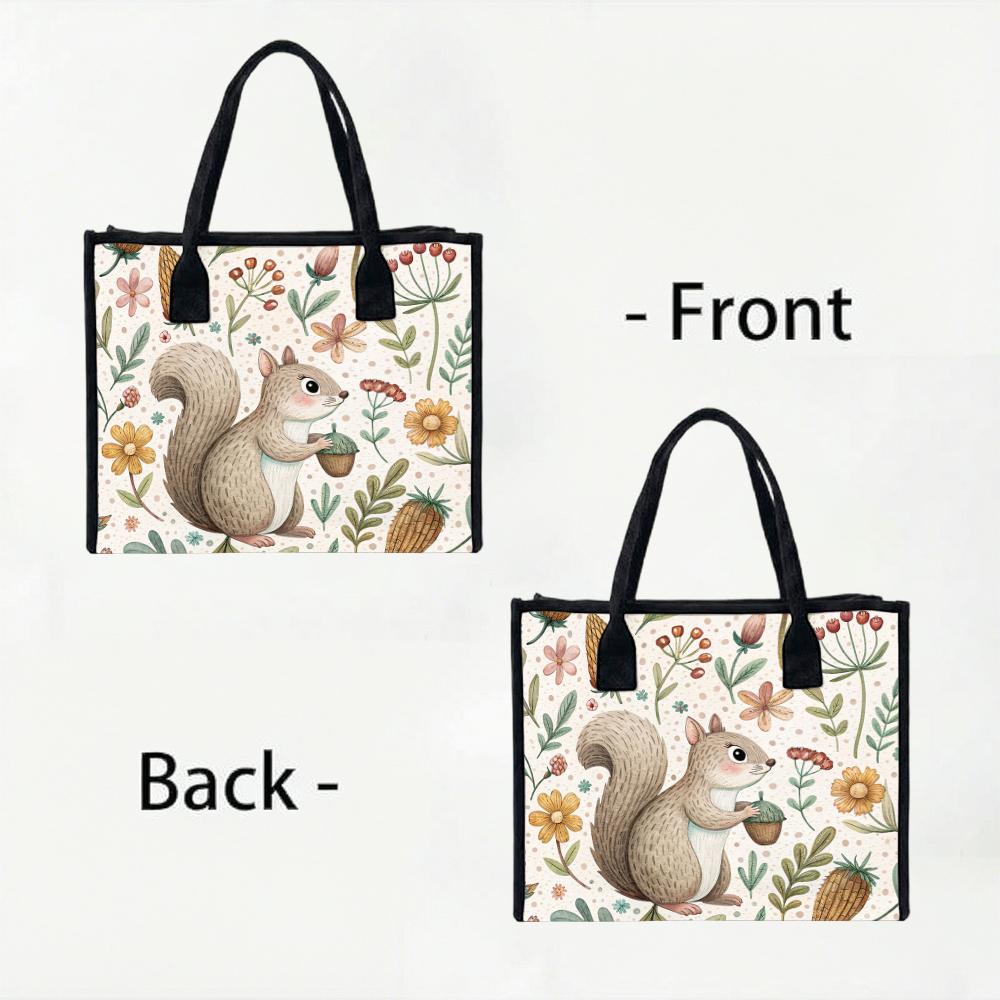 Cute Squirrel Floral Print Casual Tote Bag Lightweight Reusable Daily Shopping Shoulder Handbag For Women Outdoor Use