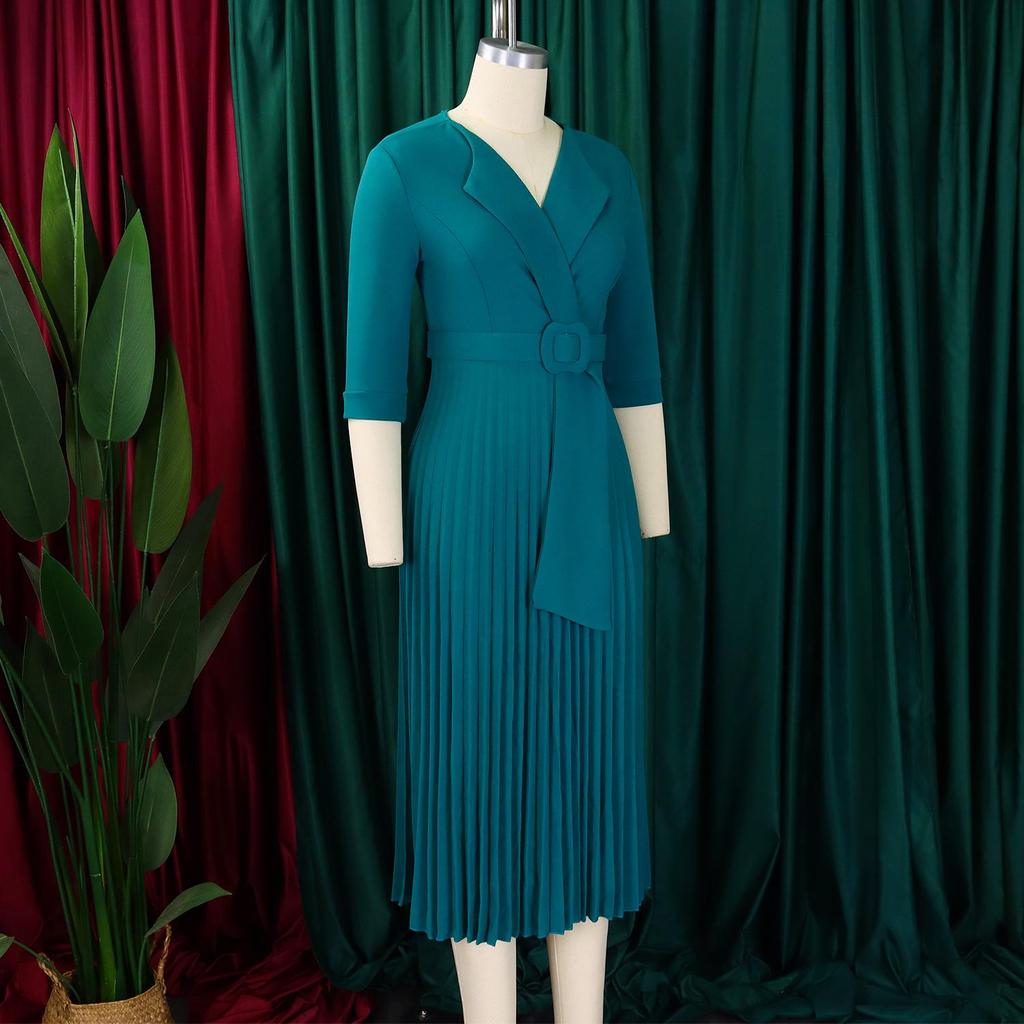 L51 Women's Suit Collar Tie-Waist Pleated African Dress
