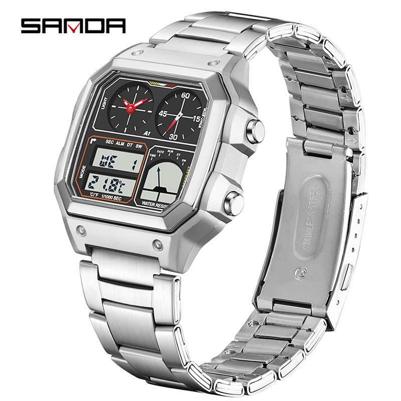 Sanda Temu Студенческие спортивные часы с измерением температуры, водонепроницаемые, двойной дисплей, многофункциональный квадратный дизайн