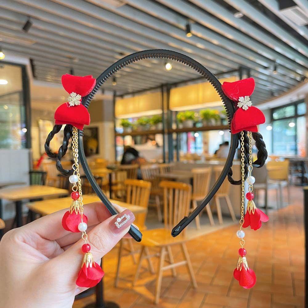 Elastic Cute Girls Pearl Bow Pigtail Wig Flower New Year Headress Children's Headband Chinese Style Hair Band Hanfu Hair Hoop