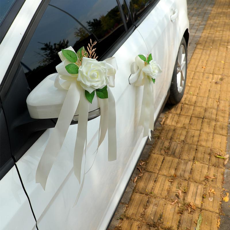 Wedding Car Rearview Mirror Decoration 1Pcs Retro Flower Bow Handle Decor Elegant Bridal Vehicle Accessory Ceremony Scene