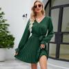 Однотонное элегантное весеннее платье, женское короткое платье трапециевидной формы на шнуровке с v-образным вырезом, лето 2023, повседневное плиссированное платье с длинными рукавами, Vestido 25154