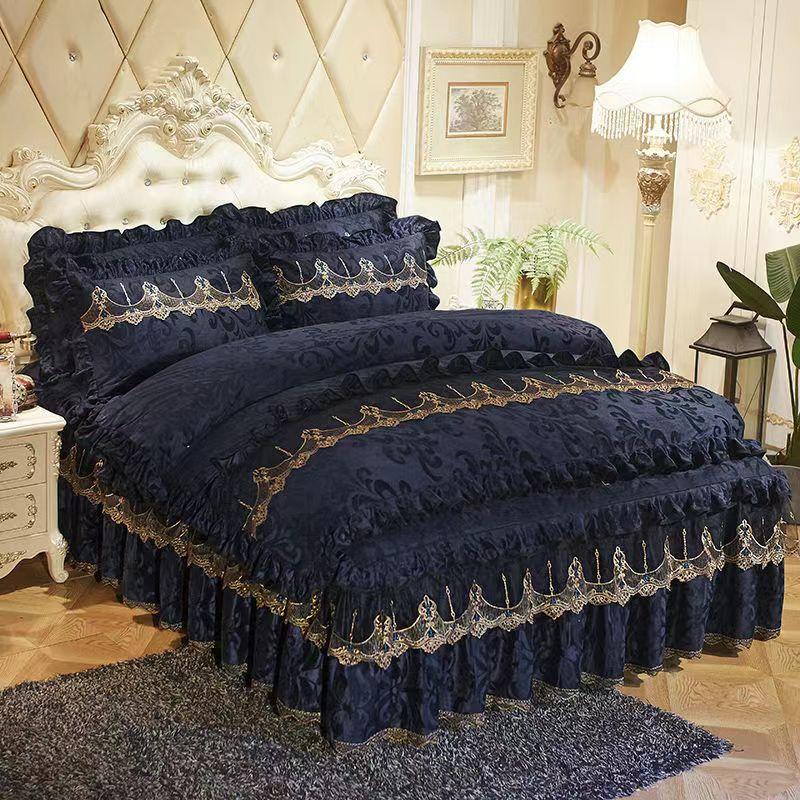 King Size/Queen Size/Twin Size Lace Bed Skirt Quilt Cover Pillowcase Four-piece Set Thickening Warm Bedroom Simple Bedding High Quality Autumn Winter