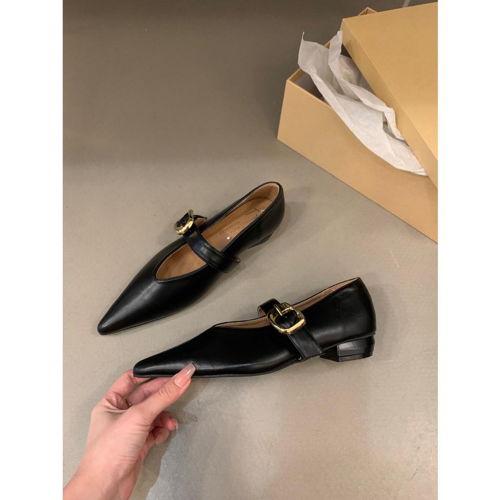 Туфли на плоской подошве с острым носком черного цвета, женские летние туфли на низком французском каблуке, темпераментные туфли Мэри Джейн из кожи