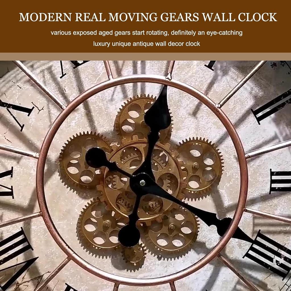 Retro Moving Gear Wall ClockVintage Industrial Steampunk Exposed Gear Clock for Living Room Decor
