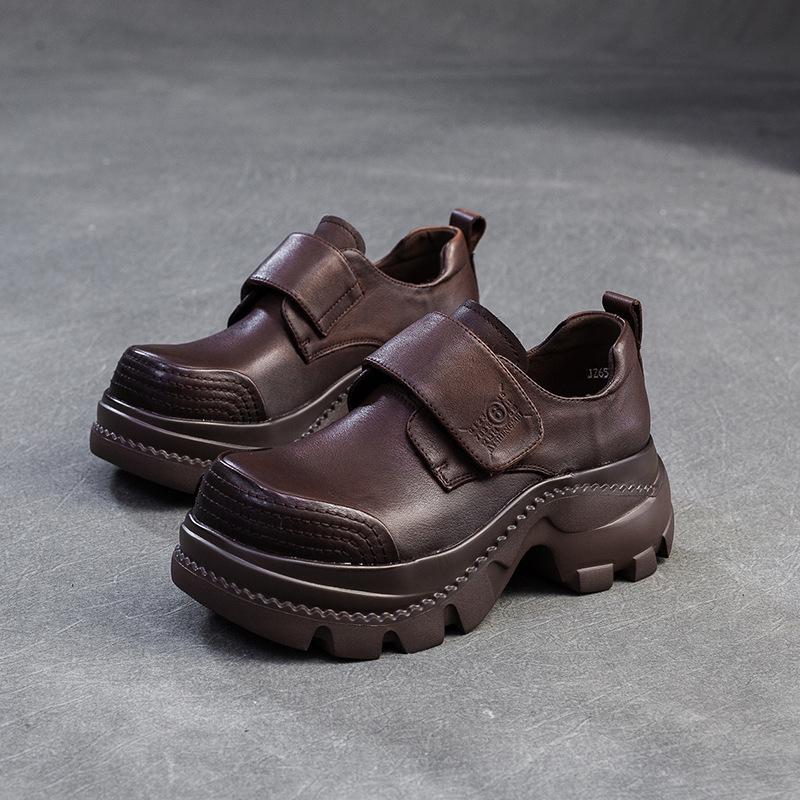 Johnature Туфли в стиле ретро с круглым носком и толстой подошвой. Повседневные женские туфли на платформе с застежкой-липучкой из натуральной кожи.