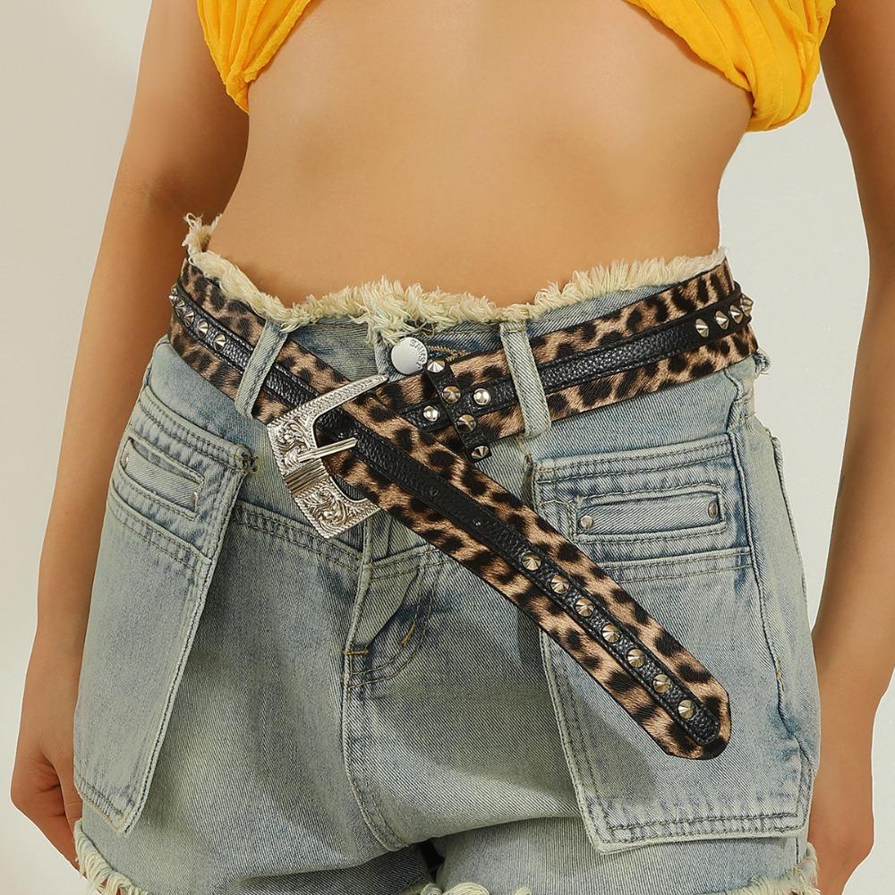 Rivet Decor Leopard Print Belt Pin Buckle Studded Belt Retro PU Leather Belt Street Outfits