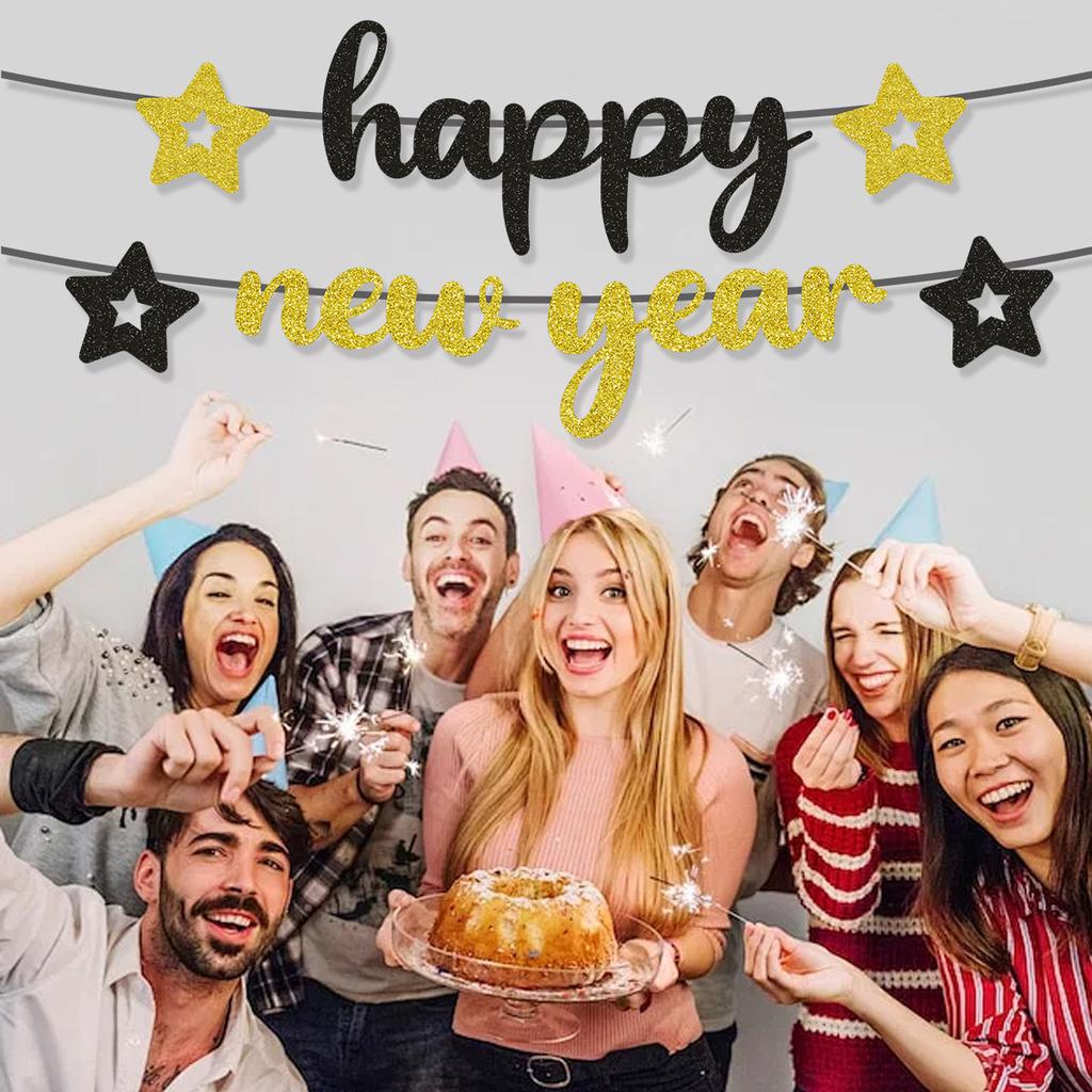 New Year'S Theme Party Decoration Glitter Star Latte Banner Black Gold Letters Hot Gold Latte Banner