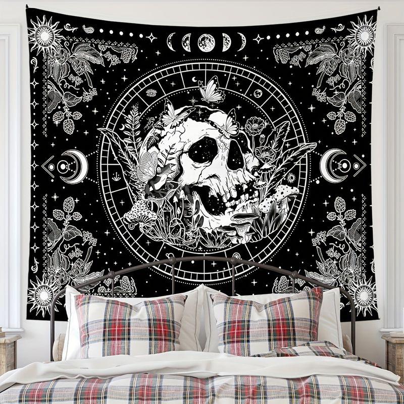 Boho Black and White Skull Bohemian Tapestry, Hippie Wall Art for Bedroom Living Room Dorm Decor