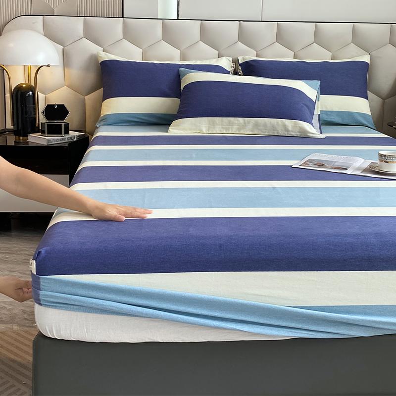 Комплект постельного белья из 3 предметов, простой, синий, в полоску, мягкий, приятный для кожи, утолщенный, 100% хлопок, эластичный, размер Queen Size