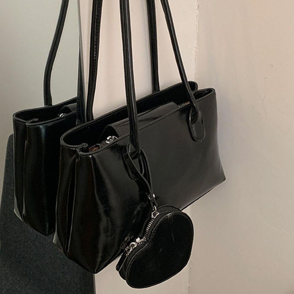 Solid Color Glossy Black Shoulder Bag Korean Style Small Square Bag French Underarm Bag Girls