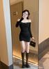 Sexy one-word collar long-sleeved dress with exposed collarbone, female autumn spice girl waist-wrapped hip skirt, tight pleated one-step short skirt