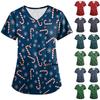 Большой размер Принтованный скраб Рабочая униформа Топы для женских V-образный вырез с запахом Принт Короткий рукав Веселые футболки Рабочая одежда Футболка с карманами