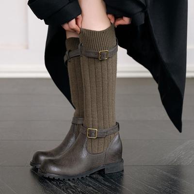 Осенне-зимняя обувь из коровьей кожи Модные сапоги с круглым носком Сохраняют тепло Низкие каблуки Эластичный трикотажВысокие сапоги до бедра