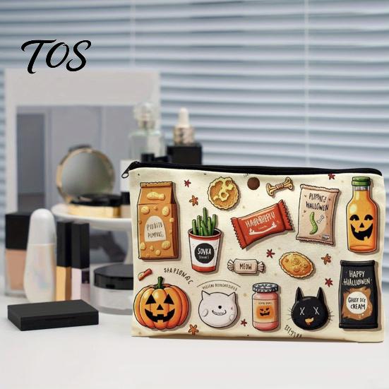Scratch-resistant Travel Bag Halloween Theme Cosmetic Bag, Durable Canvas Zipper Makeup Pouch, Washable Portable Storage for Stationery And