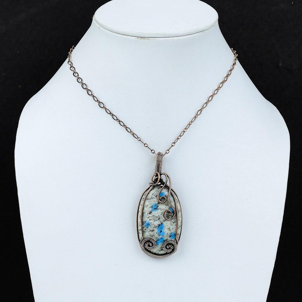 K2 Azurite Gemstone Pure Copper Wire Wrapped Handmade Jewelry Pendant