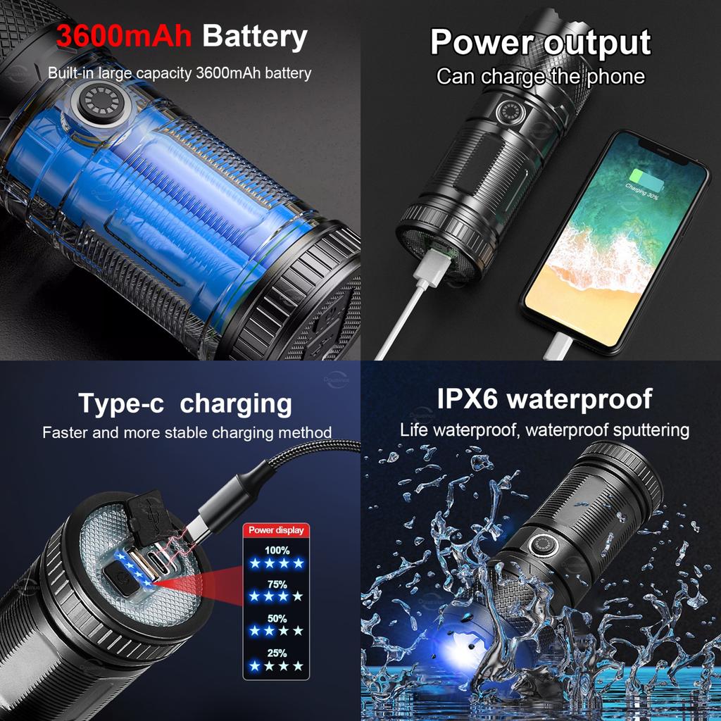 2024 Ультра яркий тактический фонарь перезаряжаемый USB светодиодный фонарь высокой мощности мощный дальнобойный зум-фонарь для рыбалки и охоты