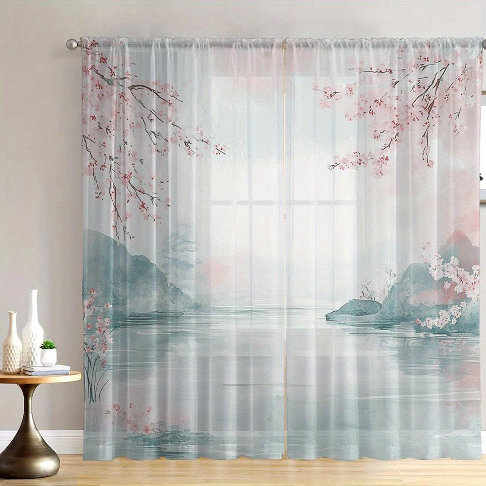 Scenic Cherry Blossom Spring Curtains Watercolor Landscape sheer Window Drapery for Bedroom Living Room Home Decor
