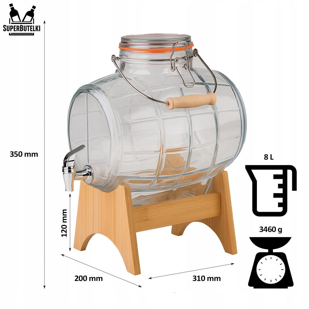 8 L glass barrel in a box with a tap, handle and mechanical closure on a wooden stand