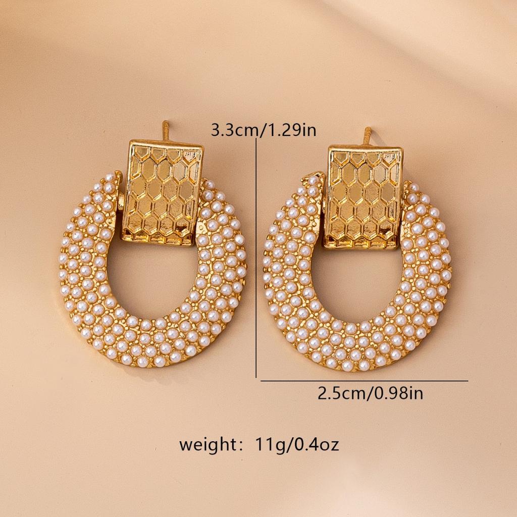 Honeycomb Pattern Block Stitched Pearl Half Hoop Metal Earrings, Vintage Elegant Statement Jewelry for Women
