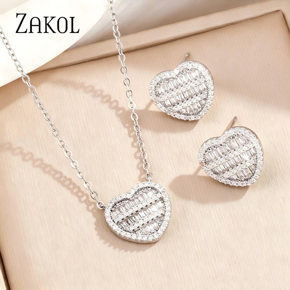 ZAKOL Sparkling Iced Out Heart Cubic Zirconia Earrings Necklace For Women Romantic Wedding Anniversary Daily Party Jewelry Gift