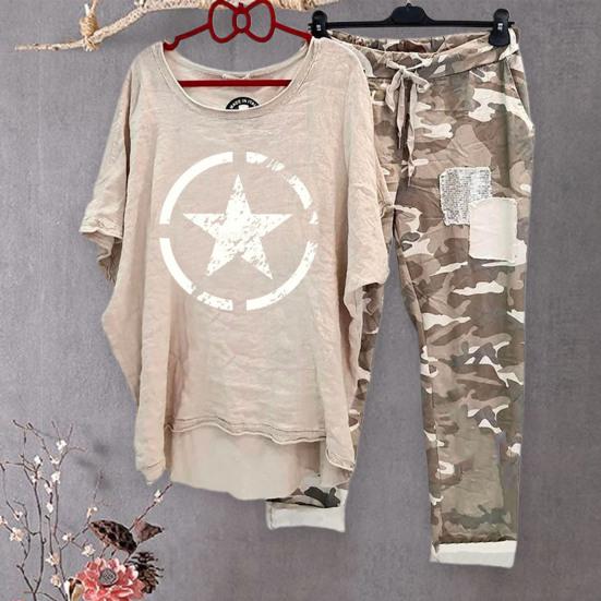 2Pcs/Set Women's Summer Casual Suit Round Neck Printed Breathable Cotton Blend Lightweight Sportswear Outfit Lady Supply