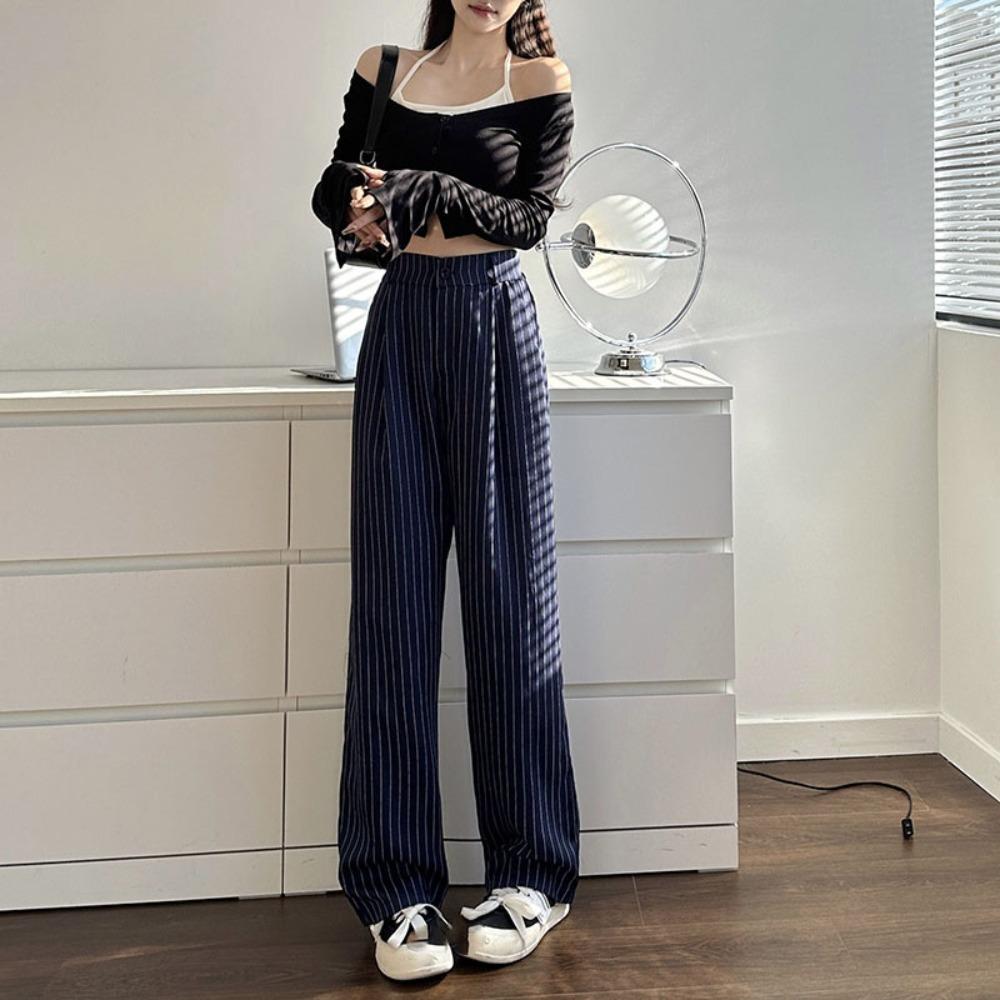 Workout Trousers Casual Pants Women High Waist Wide Leg Pants Breathable Striped Suit Pants Female