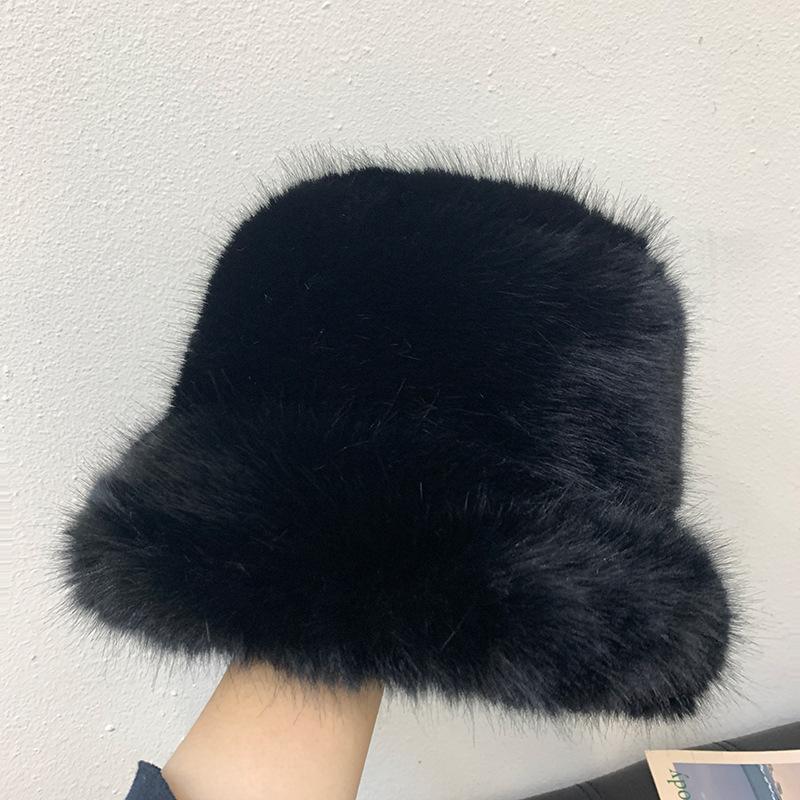 High Sense Imitation Fur Mink Fluffy Bucket Hat Female Lady Wind Big Head Circumference Plush Hat Winter Warm Pullover Hat